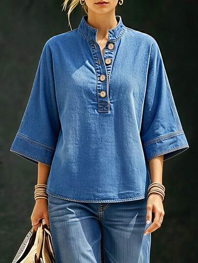 Top en jean décontracté ample à manches 3/4 avec demi-patte boutonnée pour femmes