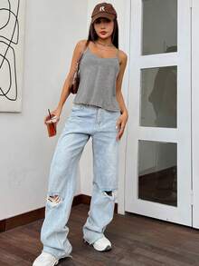 SHEIN EZwear Summer V-Neck Simple Basic Loose Camisole - Dark Grey - View 3
