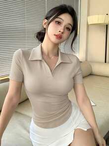 DAZY 夏季秋季修身優雅休閒領短袖女款 Polo T恤 日常米色薄款上衣 - 杏色 - 查看 3