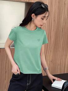 DAZY Loose Casual Solid Color Embroidered Heart Pattern Short Sleeve Women's T-Shirt - Lime Green - View 3