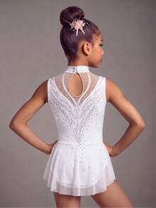 Tween Girls All White Gymnastics Leotard, Printed Design With Rhinestones, High Elasticity 4-Way Stretch Fabric, Comfortable Form-Fitting, Dance - White - View 3