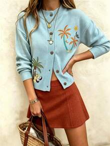 RIVANDRE Vacation Casual Coconut Tree Embroidered Cardigan - Multicolor - View 3