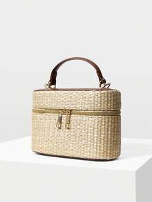 MOTF WOMEN'S FASHION APRICOT STRAW HANDBAG, EXQUISITE SIMPLE BOX BAG, FOR DAILY, COMMUTING, SHOPPING, SUMMER VACATION, TRAVEL, BEACH, SEASIDE - Brown straw weaving - View 2