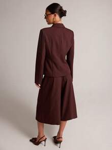 SHEIN BAE Brown Chiffon Scarf Blazer & Pants Set, Long Sleeve Elegant Two Pieces Suit Set For Office Fall, Elegant, Office Elegance - Brown - View 2