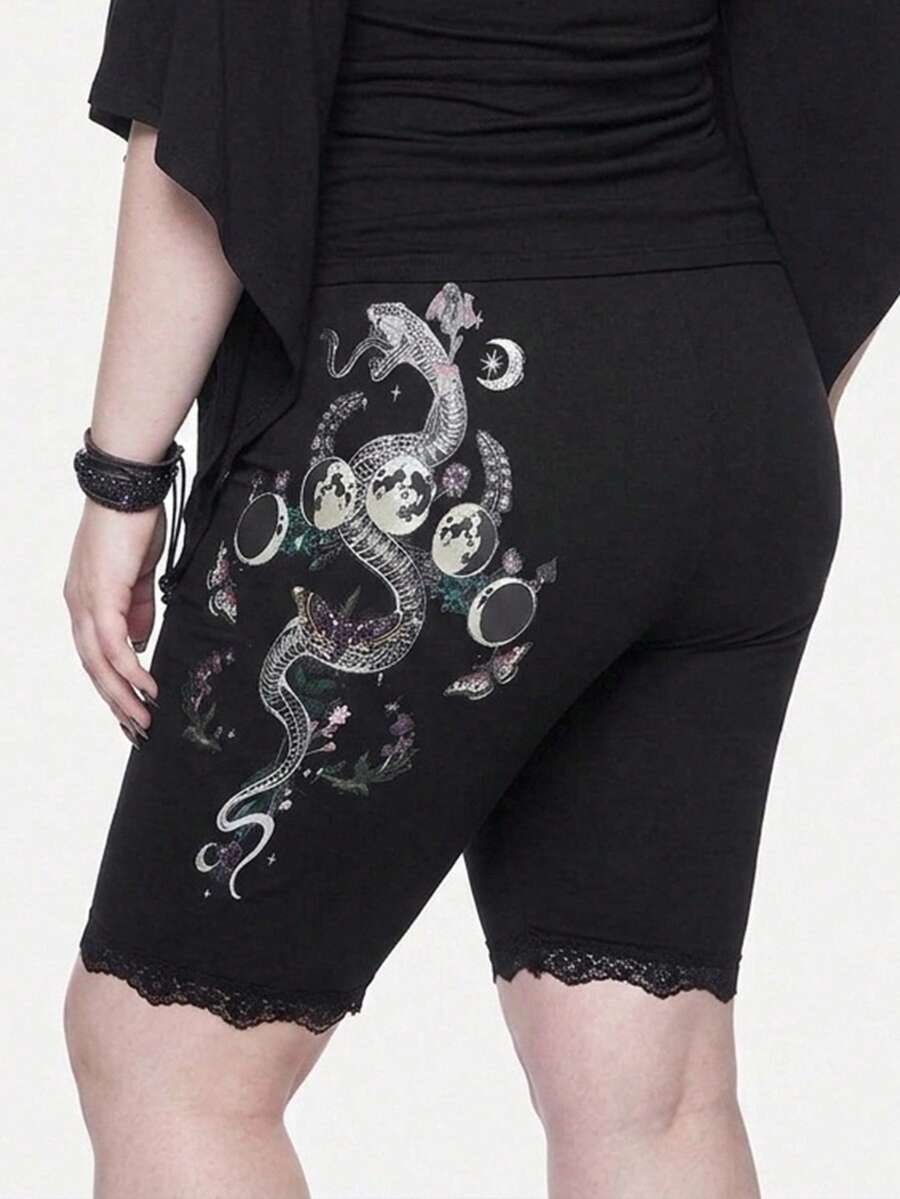 ROMWE Goth Vintage Dark Snake & Floral Print Versatile Plus Size Leggings - Black - View 1