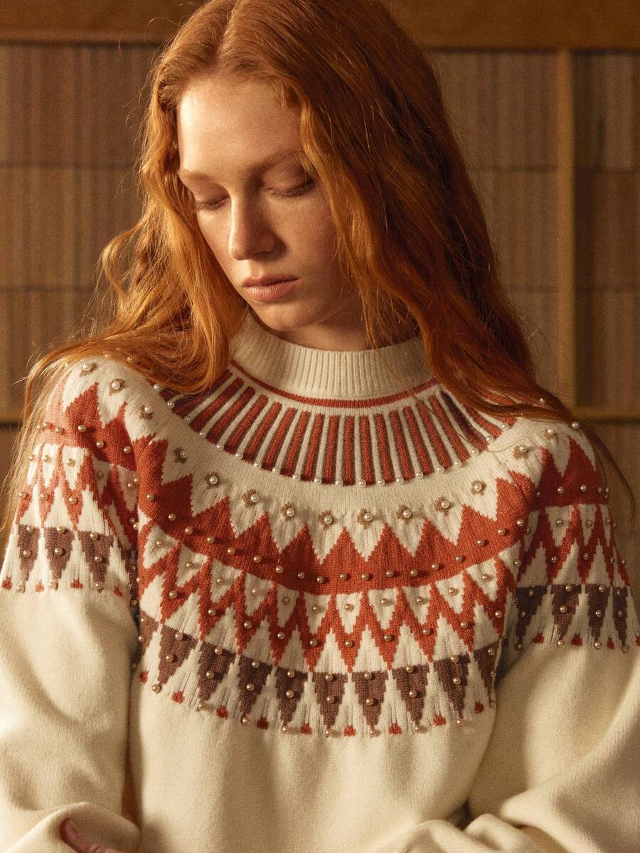 MOTF STUDIO FAIR ISLE PATTERN MOCK NECK FAUX PEARLS LOOSE KNIT SWEATER - Camel - View 2