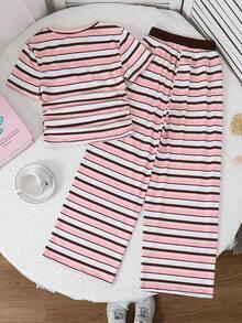 SHEIN 青少年女孩針織條紋圓領休閒T恤與長褲2件套 - 粉色 - 查看 7