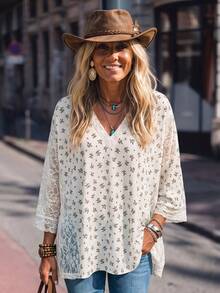 LanaWest Women's Casual Western Vacation Digital Ditsy Floral Light Apricot V-Neck Batwing Sleeve Lace Patchwork Loose Fit T-Shirt - Apricot - View 5