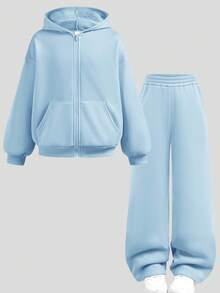 SHEIN 兒童青少年女孩嬰兒藍刺繡休閒運動長袖寬鬆衛衣套裝 2件組，適合秋冬機場度假 - 藍色 - 查看 11