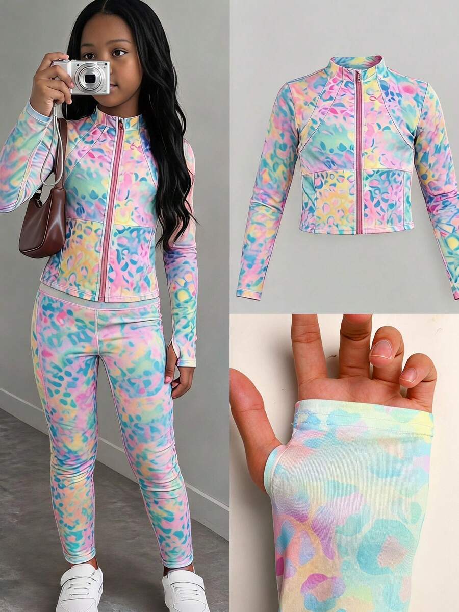 SHEIN Tween Girl All Season Spring Summer Autumn Winter Leopard Print Zipper Fitted Running Gym Yoga Sports Jacket - Multicolor - View 1