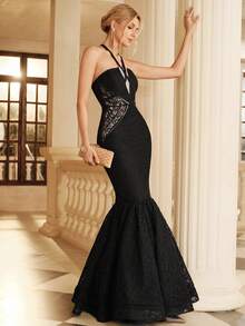Anewsta Affair Gaun Malam Wanita Elegan Model Duyung dengan Detail Renda Kontras di Sisi Pinggang dan Hem Model Halter Neck - Hitam - View 4