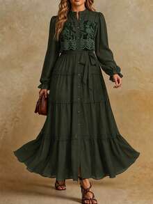 Reflora Plus Size Vacation Fashion Lace Patchwork Flared Cuff Button Dress Autumn Formal Wedding Dinner Dark Green Elegant Asean Filipiniana - Green - View 9