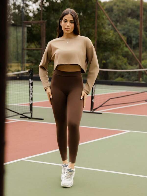 Maju Mazalli 3pcs Women's Brown Stripe Autumn Athleisure Gym Set:Loose Drop Shoulder Long Sleeve Cropped T-Shirt,Seamless Wireless Bra & High Waist Leggings
