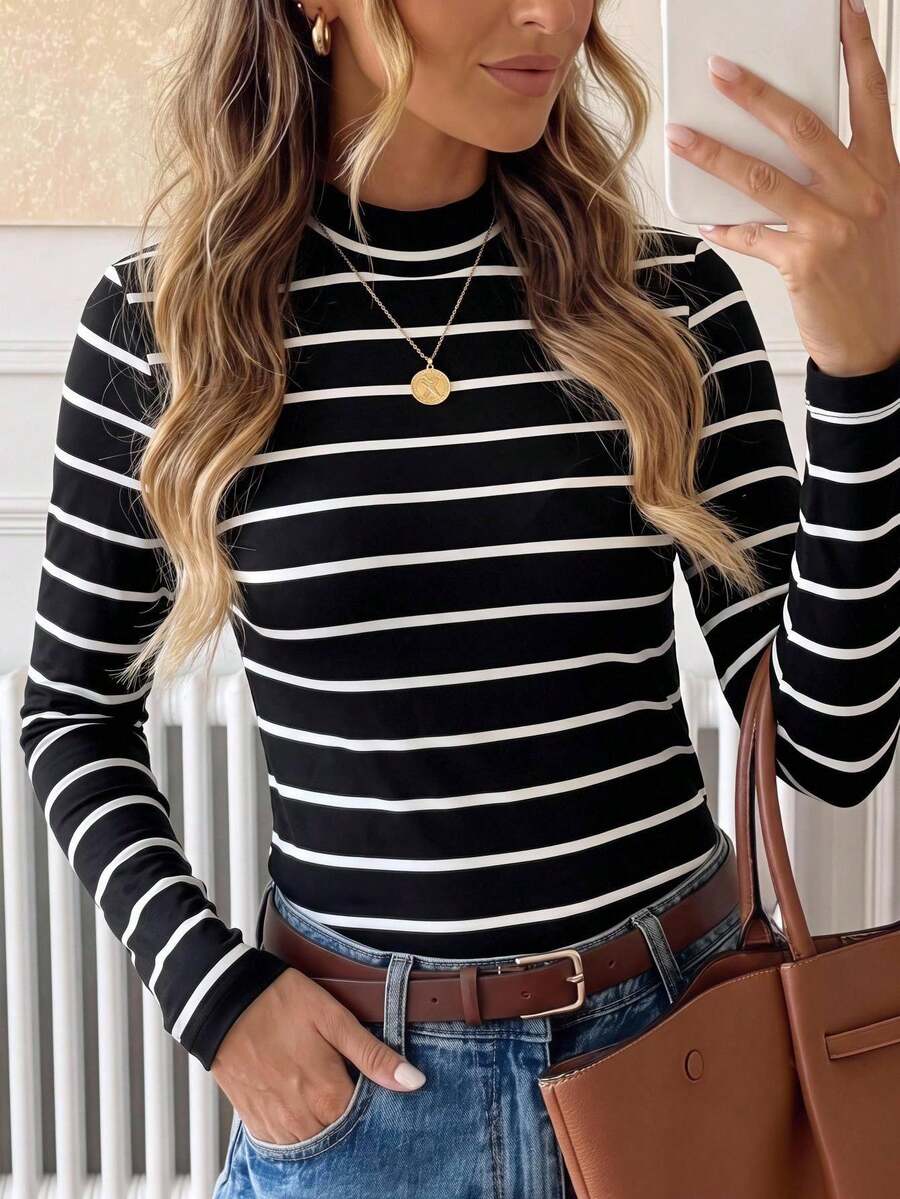SHEIN LUNE Striped Mock Neck Tee,Commute,Minimalist,Office,Old Money,Simple