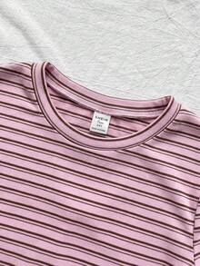 SHEIN 青少年女孩休閒日常百搭舒適圓領短袖側抓褶T恤 - 粉色 - 查看 2