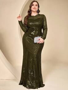 Coutiva Plus Size Sequin Formal Evening Gown - Army Green - View 3