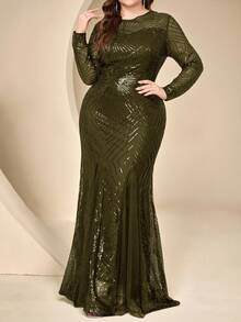Coutiva Plus Size Sequin Formal Evening Gown - Army Green - View 7
