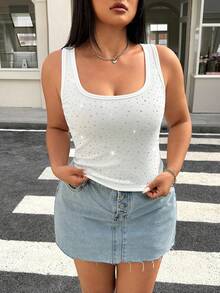 Muchica Plus Size Fashion Street Rhinestone Tank Top Sexy Hot Girl - White - View 2