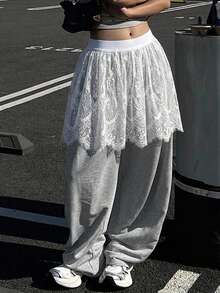 FRIFUL Women's Elastic Waist Floral Lace A-Line Skirt Summer School - White - View 5
