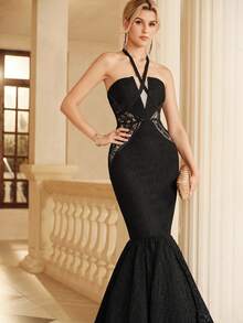 Anewsta Affair Gaun Malam Wanita Elegan Model Duyung dengan Detail Renda Kontras di Sisi Pinggang dan Hem Model Halter Neck - Hitam - View 3