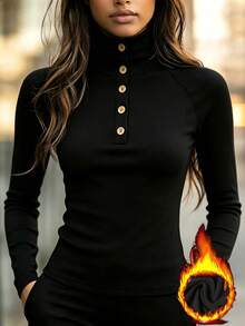 SHEIN Autumn/Winter New Black Semi-High Neck Half-Button Front Wooden Button Raglan Sleeve Slim Fit Base Layer Top, Casual Elegant Minimalist Commuter Style Suitable For Daily Wear, Dating, Travel And Office - Black - View 3