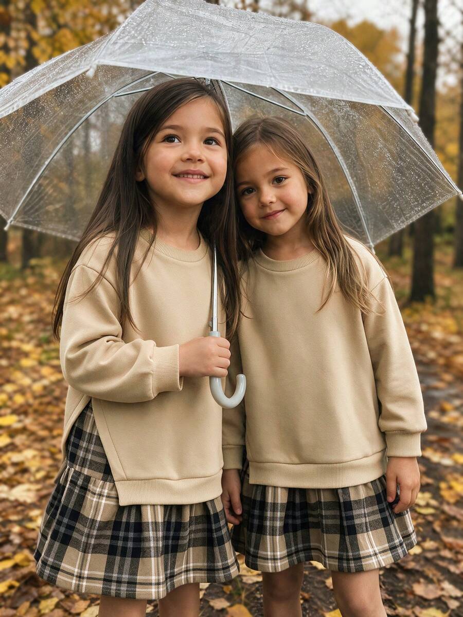 Emery Rose Kids Emery Rose Kids 女童拼接格紋可愛休閒春秋冬季運動衫洋裝 - 卡其色 - 查看 1
