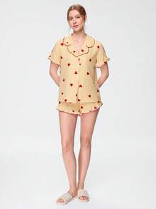 Bonmuse Women's Sleepwear Set With Heart Striped Woven Print, Ruffled Collar, Short Sleeve Top And Shorts, Sweet, Cute And Elegant - Yellow - View 8