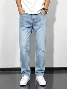 Manfinity Denimwave 男士復古淺藍色水洗寬腿牛仔褲，經典中腰無彈力牛仔長褲，復古磨損貓鬚直筒牛仔褲，休閒街頭風 - 藍色 - 查看 5