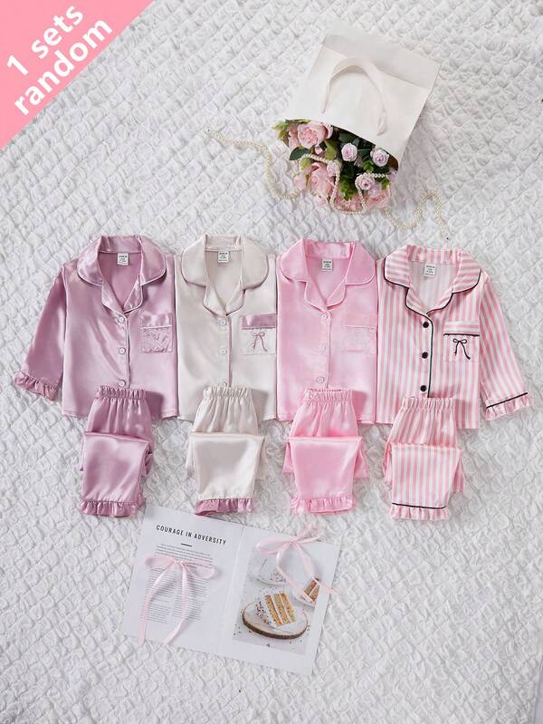 Baby Girl Pink Bow Print Long Sleeve Pants 2 Pieces Loungewear Set, Spring/Summer