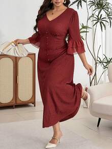Modelyn Gaun Kasual Wanita Ukuran Besar Warna Polos Leher V untuk Sehari-hari di Musim Panas - Coffee Brown - View 4
