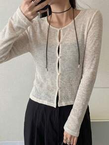 FRIFUL Women's Casual Versatile Solid Color Front Button Top Long Sleeve - Apricot - View 3
