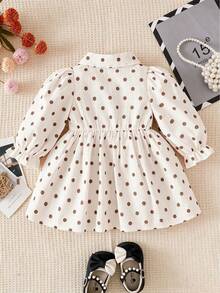 SHEIN Playful Pals 女嬰 A 字裙 可愛學院風復古棕色與白色波點荷葉邊泡泡長袖領口拍照裝 秋季公主風週歲生日派對 - 卡其色 - 查看 2