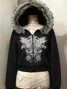 IslaSuriya Women's Regular Letter & Wing Print Zipper Front Hooded Sweatshirt With Fur Collar - Black - View 1