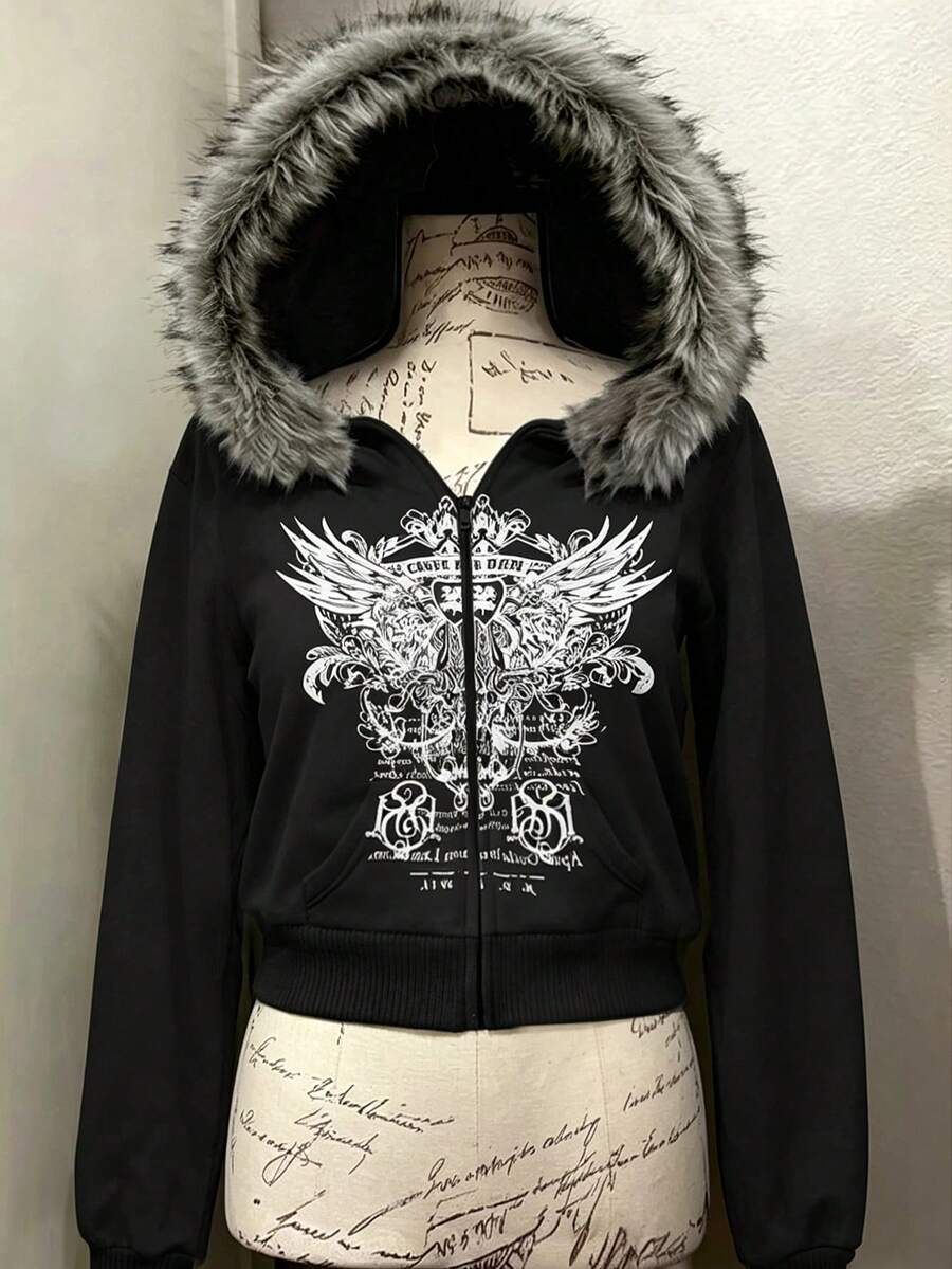 IslaSuriya Women's Regular Letter & Wing Print Zipper Front Hooded Sweatshirt With Fur Collar - Black - View 1