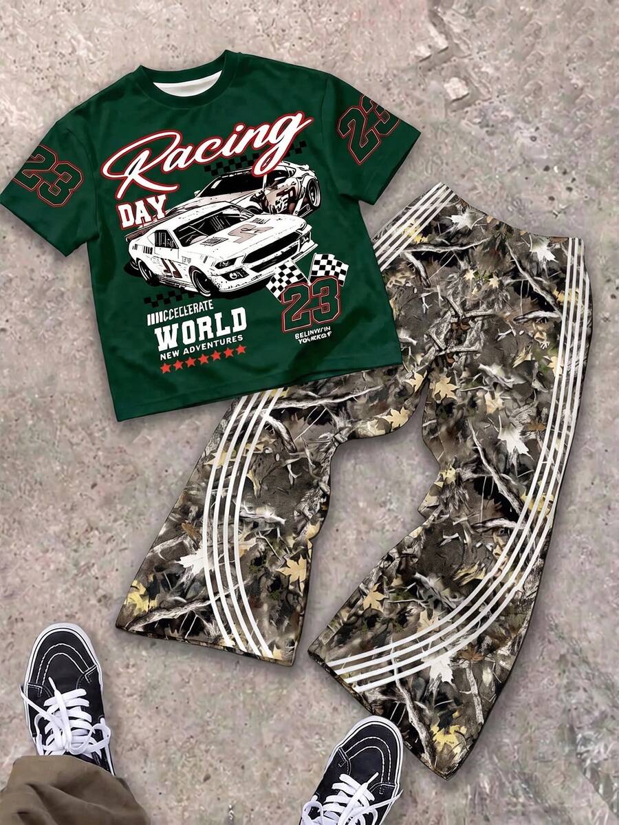 大童男孩休閒舒適時尚極簡圓領短袖喇叭褲 T-shirt 套裝,經典酷炫賽車圖案印花,街頭風枯枝與落葉圖案印花,適合秋冬 - 彩色 - 查看 1