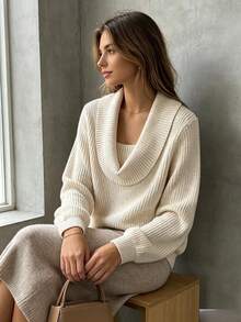 SHEIN Designer Scarf Layering Versatile Elegant Commute Office Travel Knitted Pullover Sweater - Apricot - View 3