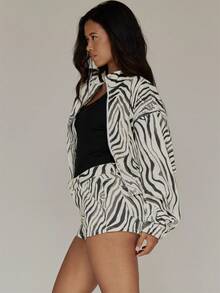 MUSERA Jaket Wanita Motif Zebra Kerah Corong dengan Resleting untuk Musim Gugur dan Musim Dingin, Cocok untuk Acara Keluar Rumah - MultiWarna - View 4
