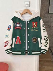 SHEIN 男童秋冬抓絨連帽字母印花夾克，校園夾克，運動夾克 - 綠色 - 查看 3