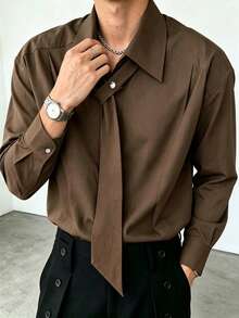 Resyla Men Men's Casual Commute Solid Color Tie Shirt - Brown - View 3