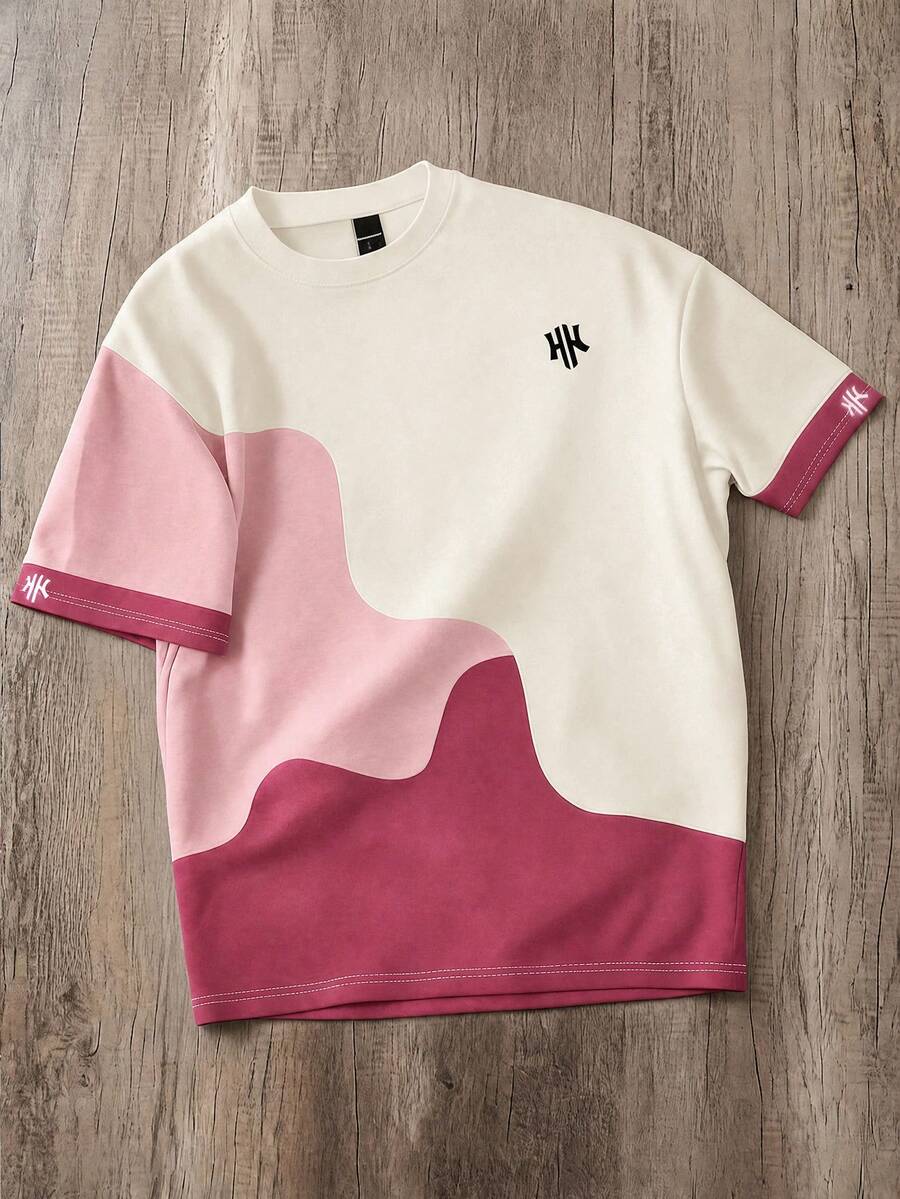 Manfinity Joysei Camiseta de manga corta de uso diario casual y versátil con cuello redondo, estampado de letras y bloques de color para hombres - Multicolor - Ver 1