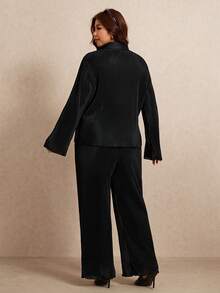 Elaquor Plus Size Women's Solid Color Long Sleeve Shirt And Wide Leg Pants Casual 2 Pieces Set Fall - Black - View 2