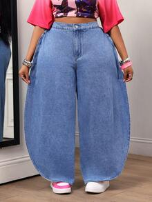 Slaydiva Plus Size Women's High Waist Loose Casual Versatile Denim Wide Leg Pants - Black - View 2