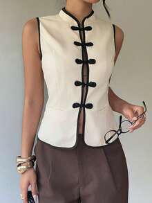 Siren Gaze Women's Beige Frog Button Contrast Trim Textured Vest,Chinese Knot Button,Casual Elegant, Frog Closures Tea Party Brunch Business Four Seasons Autumn - Multicolor - View 8