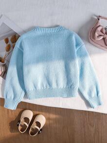 SHEIN Playful Pals 女童秋冬時尚手工蝴蝶結針織毛衣長袖粉色可愛時尚外套 - 淺藍色 - 查看 2