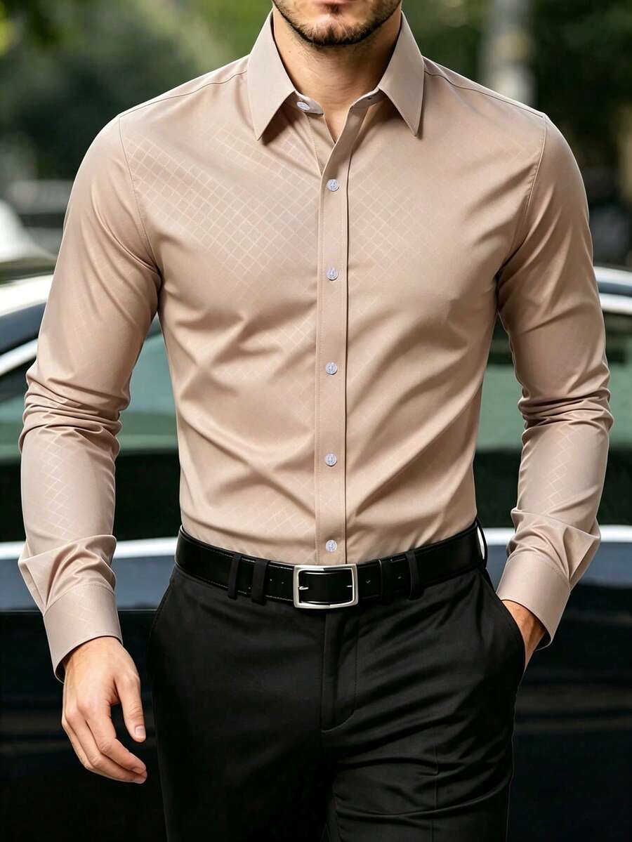Manfinity Mode Men's Solid Color Single-Breasted Casual Long Sleeve Shirt For Daily Wear - Khaki - View 1