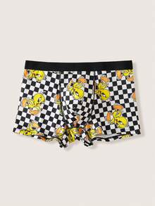 LOONEY TUNES X SHEIN 经典棋盘格黄色小鸟卡通印花男士三角裤，亲肤平角内裤 - 黑與白 - 查看 1