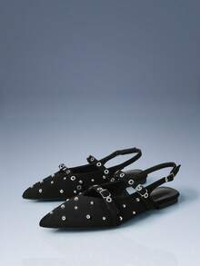 CUCCOO GRLICON Sepatu Flat Wanita Retro Serbaguna Mary Jane dengan Ujung Lancip dan Hiasan Paku Keling di Bagian Belakang, Terbuat dari Beludru Hitam. - Hitam - View 4
