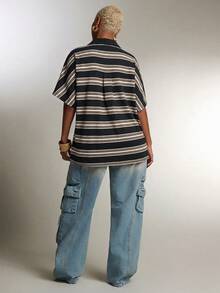 Denimoi Plunge Neck Collared Oversized Striped Polo Top Fashionable Tops - Multicolor - View 5