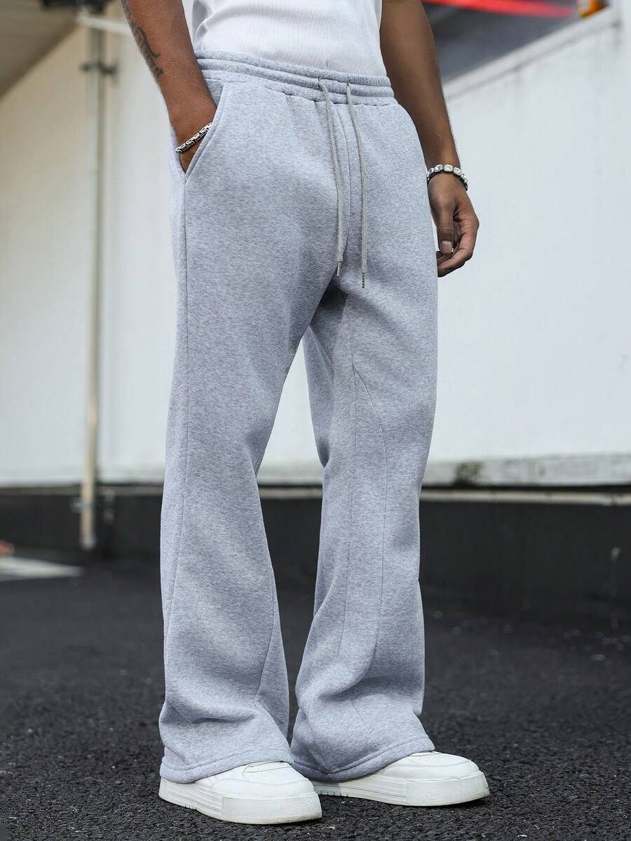 Major Grit Men's Plus-Size Grey Casual Autumn Sweatpants, Street-Style Loose Joggers, Y2K Retro Flared Pants - Light Grey - View 1