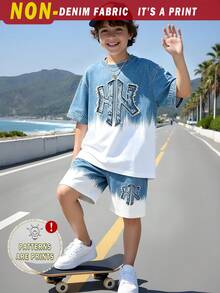 (1套)青少年男孩休閒時尚符號藍白漸層圖案基本款短袖T恤+短褲，舒適夏季日常穿搭 - 彩色 - 查看 3